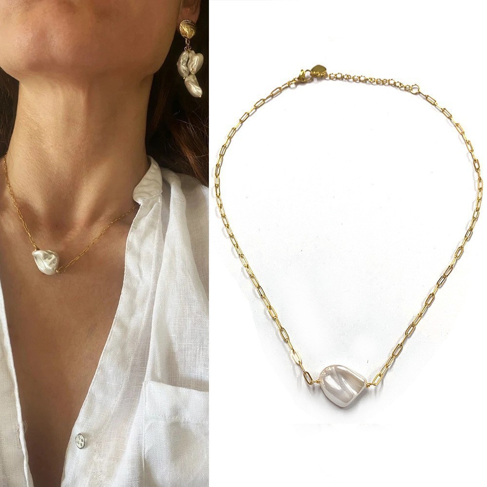 Collier chaîne perle coquille unique 38 + 5cm