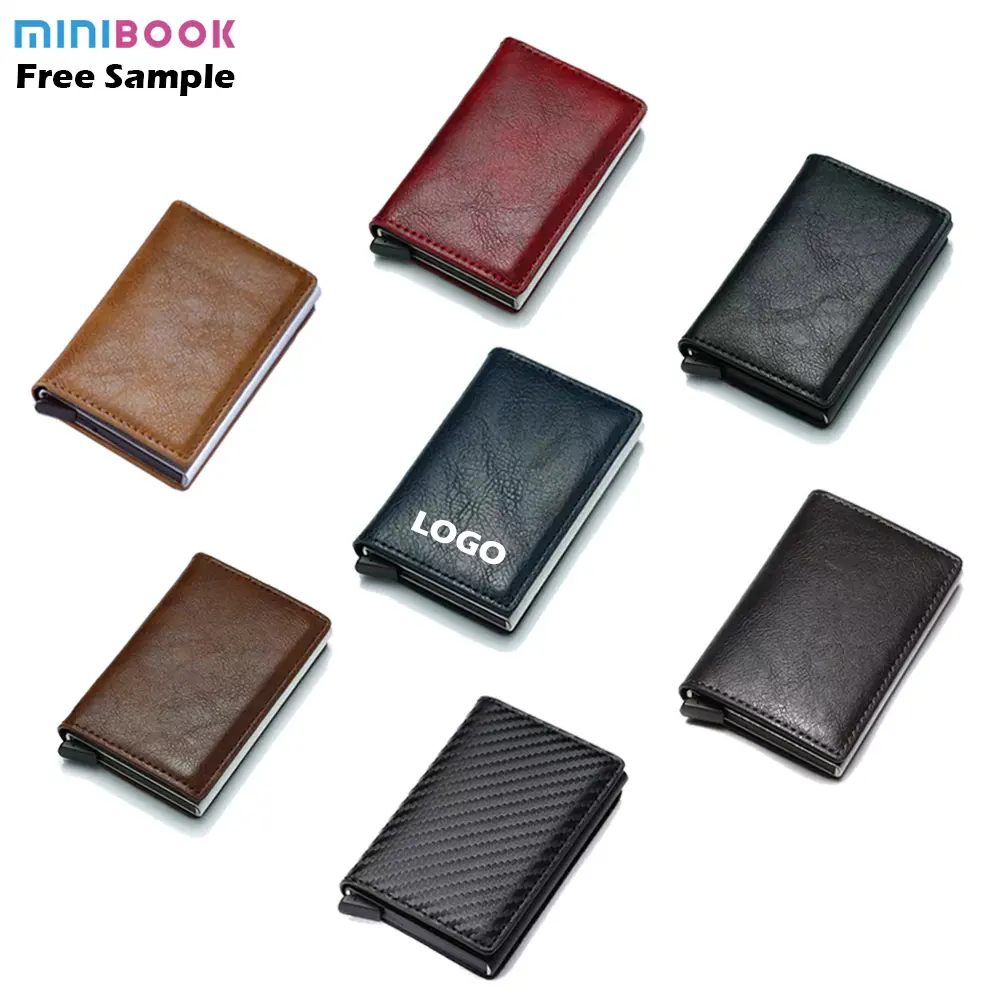 Minebook dompet kulit Pu logam Rfid pria, dompet penghalang otomatis Aluminium Custom Smart Cartera Pop Up, pemegang kartu kredit