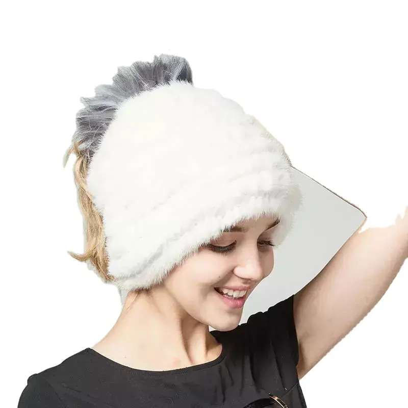 MWFur, sombreros de invierno, sombrero de punto de piel de visón a la moda, sombreros de piel de moda callejera de invierno, gorro de pelo de zorro de estilo superior vacío