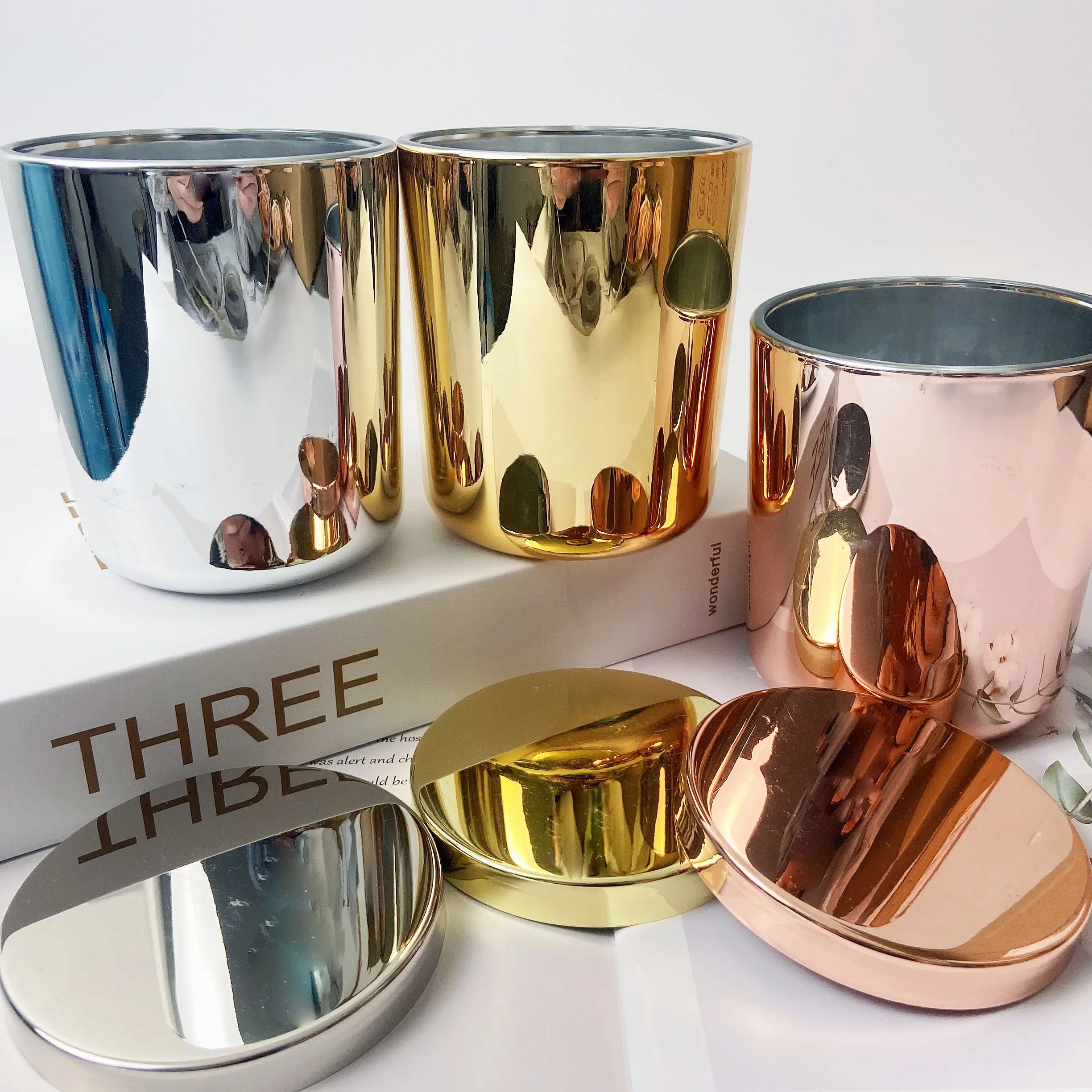 10oz 12oz 16oz or argent Rose or rond bougies bocaux récipient verre bougie pot avec couvercle en métal