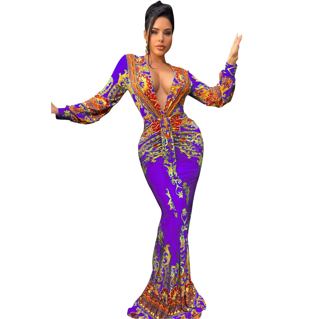CM.YAYA Women Paisley Elegant Ruched Deep V-neck Long Sleeve Mermaid Bodycon Midi Maxi Dress Sexy Party Night Prom Long Dresses