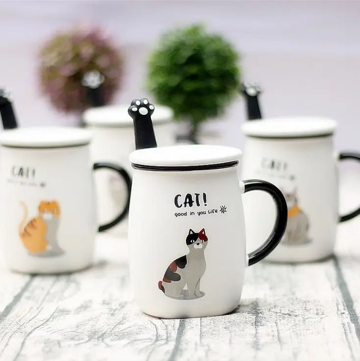 UCHOME 재미있는 고양이 생활 쉐이크 컵 만화 우유 차 컵 숟가락 패션 매트 세라믹 컵