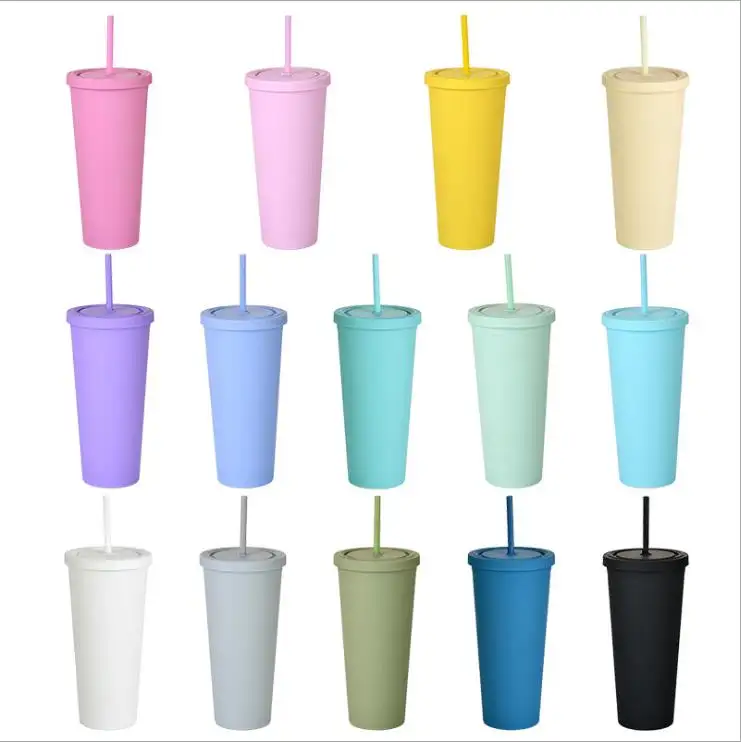700ml/24oz toptan mat kapak tumbler BPA ücretsiz çift duvarlı plastik tumblers kahve fincan su şişesi ile hasır kapak