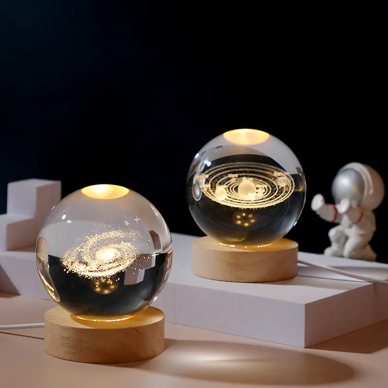 MH-Q0142 3D Laser LED luminous crystal ball creative decoration wood led light base crystal laser Milky Way ball