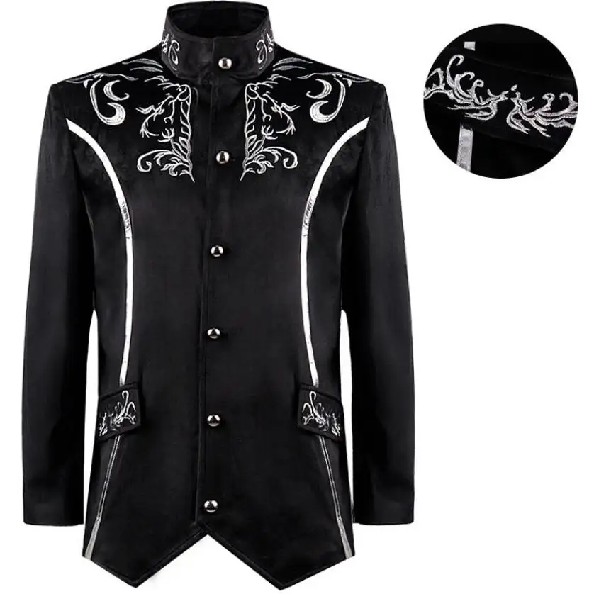 Traje de terciopelo negro para hombre, Túnica Steampunk con cuello levantado bordado, chaqueta Medieval, Cosplay gótico Vintage de estrella de Rock