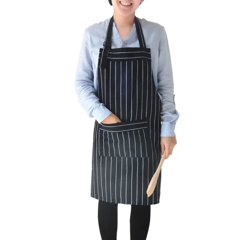 In Stock Kitchen Adult Black and White Striped Cotton and Linen Fabric Apron with Adjustable Shoulder Straps