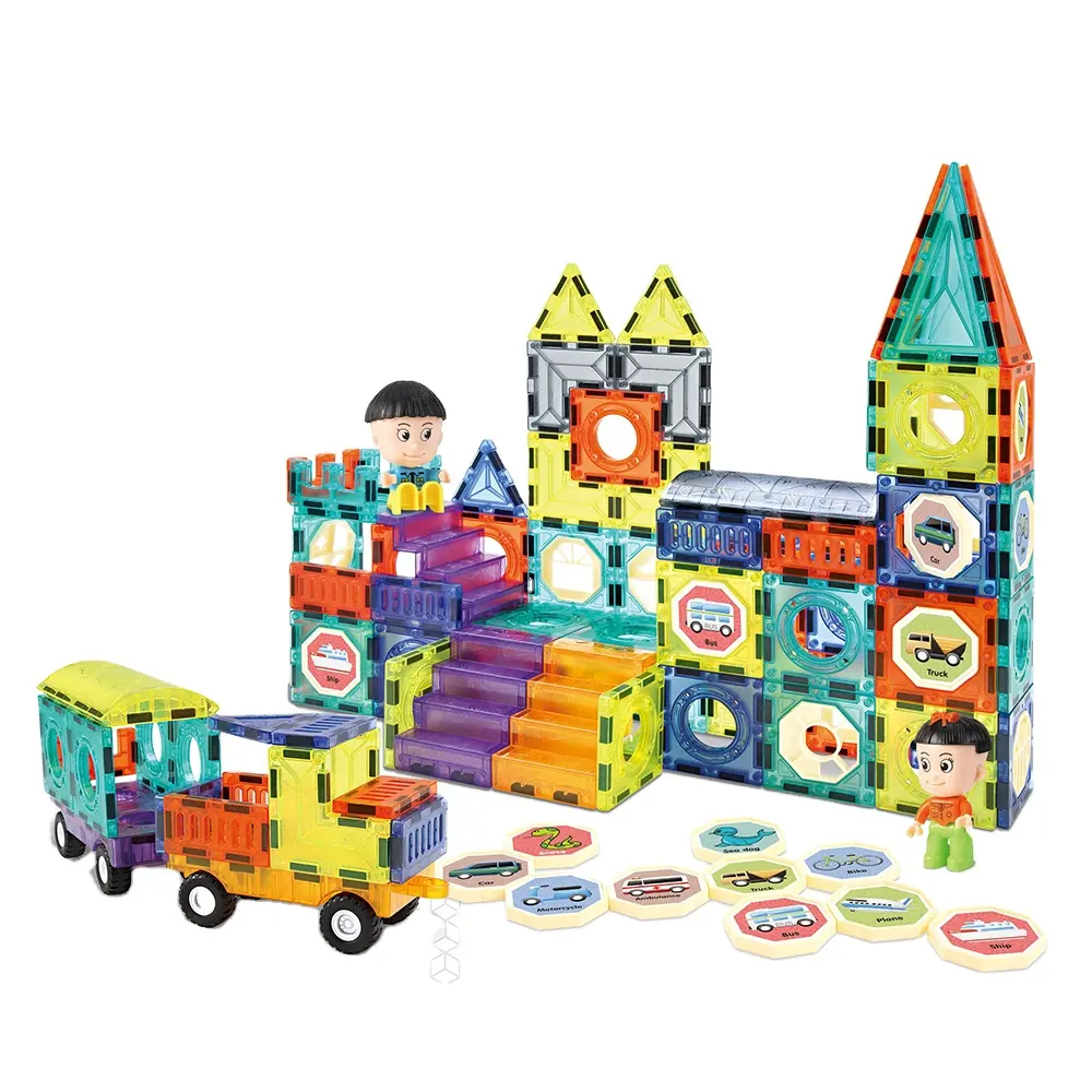 キッズマグネットおもちゃ磁気タイル、120 PC磁気ビルディングブロック、車セットを持つ子供のための教育玩具