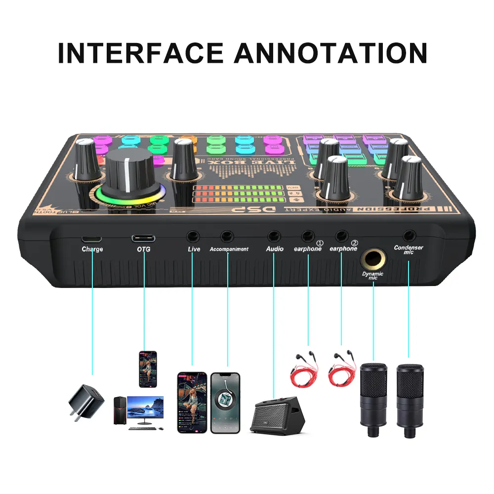 Huayi Voice V9 Live Geluidskaart Een Knop Bediening Podcast Apparatuur Voor Gaming Live Zingen Audio Mixer Met Bluetooth