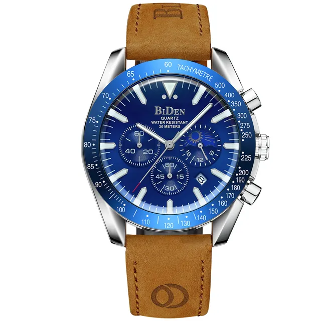 BIDEN-Reloj de pulsera deportivo para hombre, cronógrafo de cuarzo chino con correa de cuero, 3 esferas, calendario, nuevo diseño, 0344