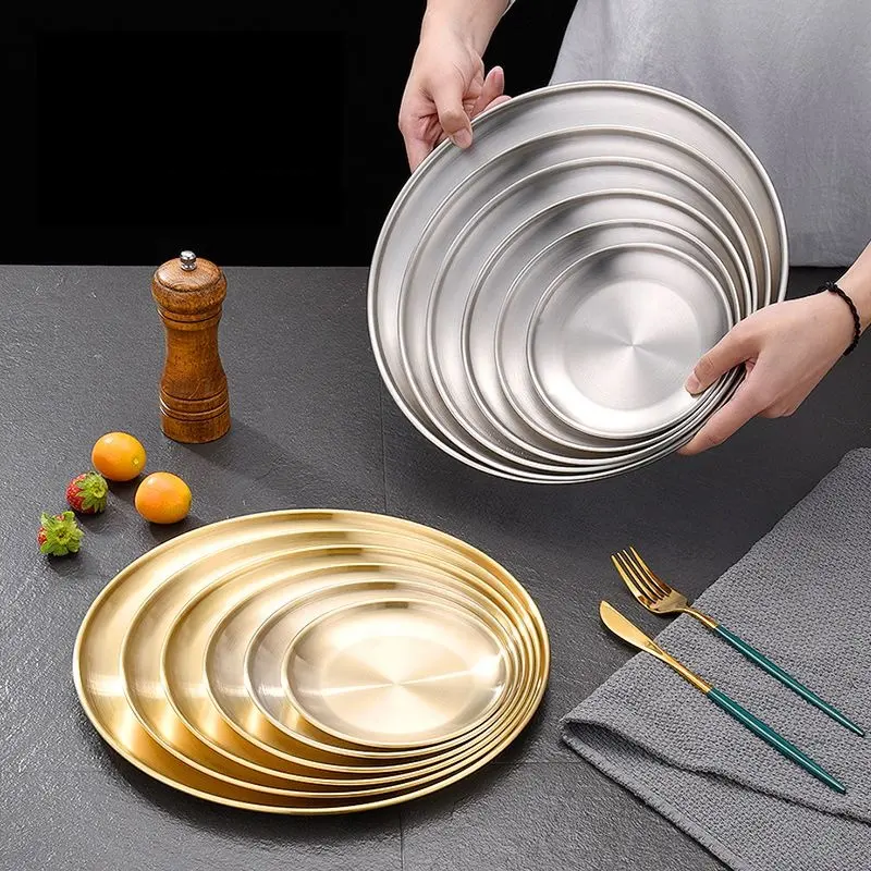 Корейская тарелка для барбекю из нержавеющей стали, толстая Золотая тарелка для барбекю, стальные подносы для сервировки еды