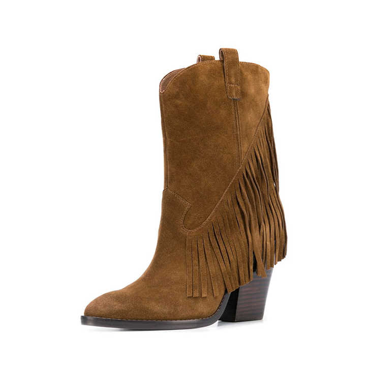 WETKISS Wholesale Low MOQ Shoes Vegan Suede High Chunky Heel Ankle Boots Brown Tassel Boots Women Shoes Western Cowboy Boots