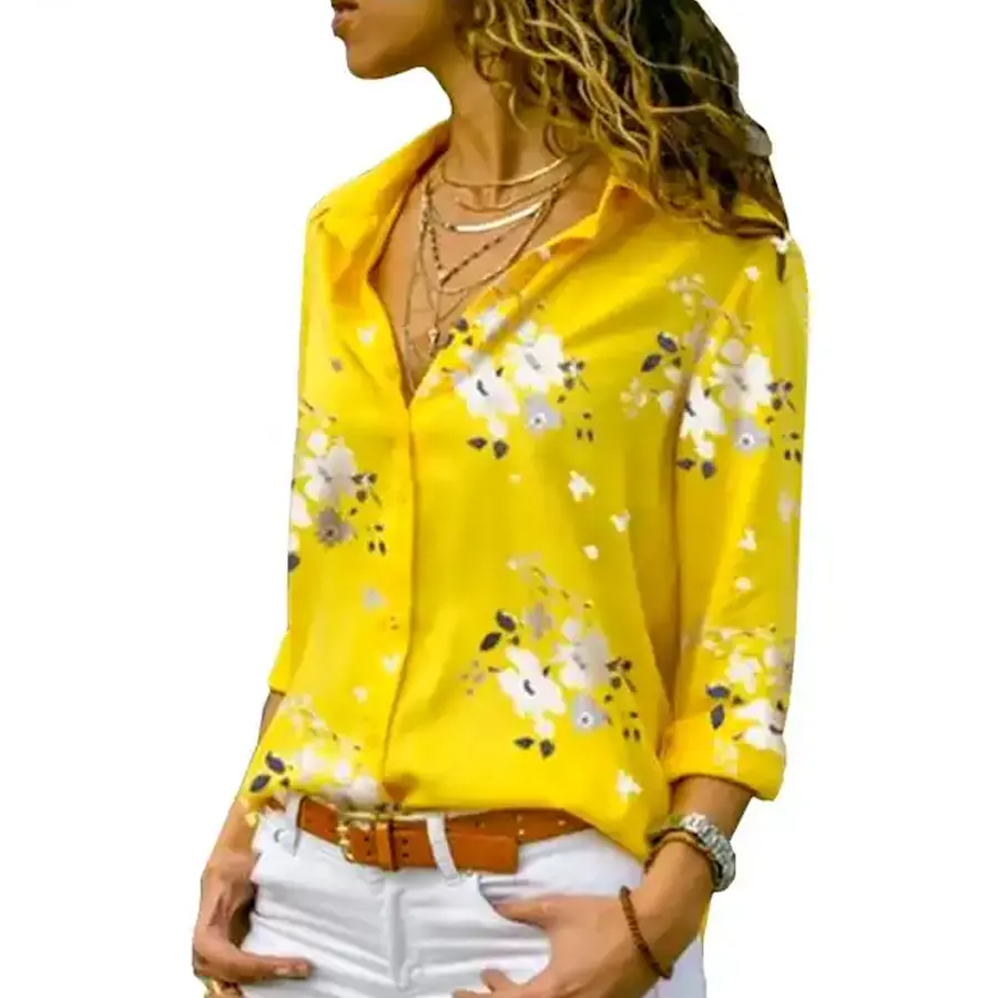ベストセラーのユニークなデザインの女性のシャツ新しいファッションエレガンスフローラルプリントスリムシャツカラー長袖ボタンオフィスシャツ