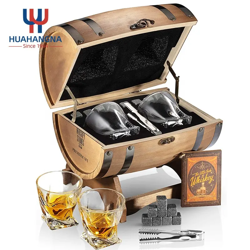 Set regalo in vetro per Whisky inciso personalizzato Premium da 300ml con 6 rocce di Whisky in granito in confezione regalo in botte di Whisky in legno