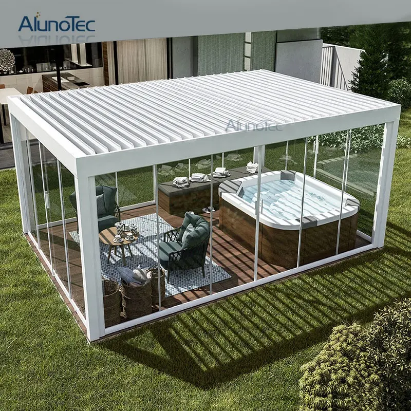 현대 자동적인 안뜰 전망대 옥외 아치 Bioclimatic 알루미늄 Pergola 오프닝 루브르 지붕