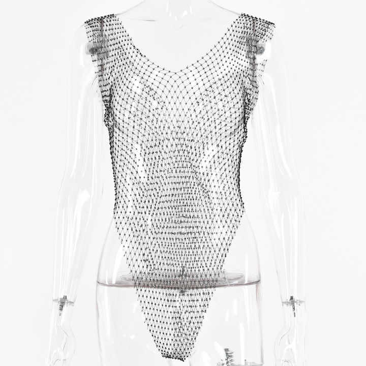 Mini abito estivo Sexy con strass a rete trasparente Bikini da donna Beach Party Club Dress Mesh Crystal Diamond body 0745