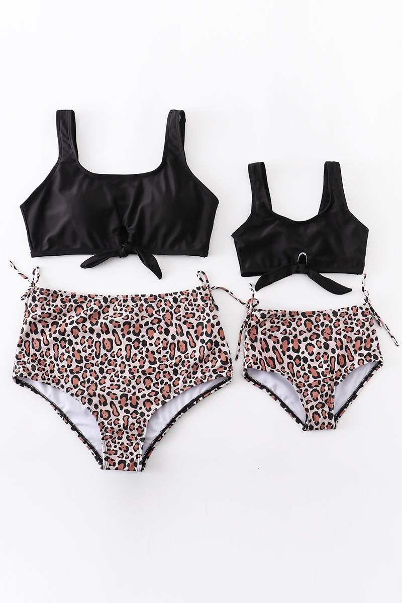 Costume da bagno mamma e figlia a vita alta 2 pezzi leopardato nero