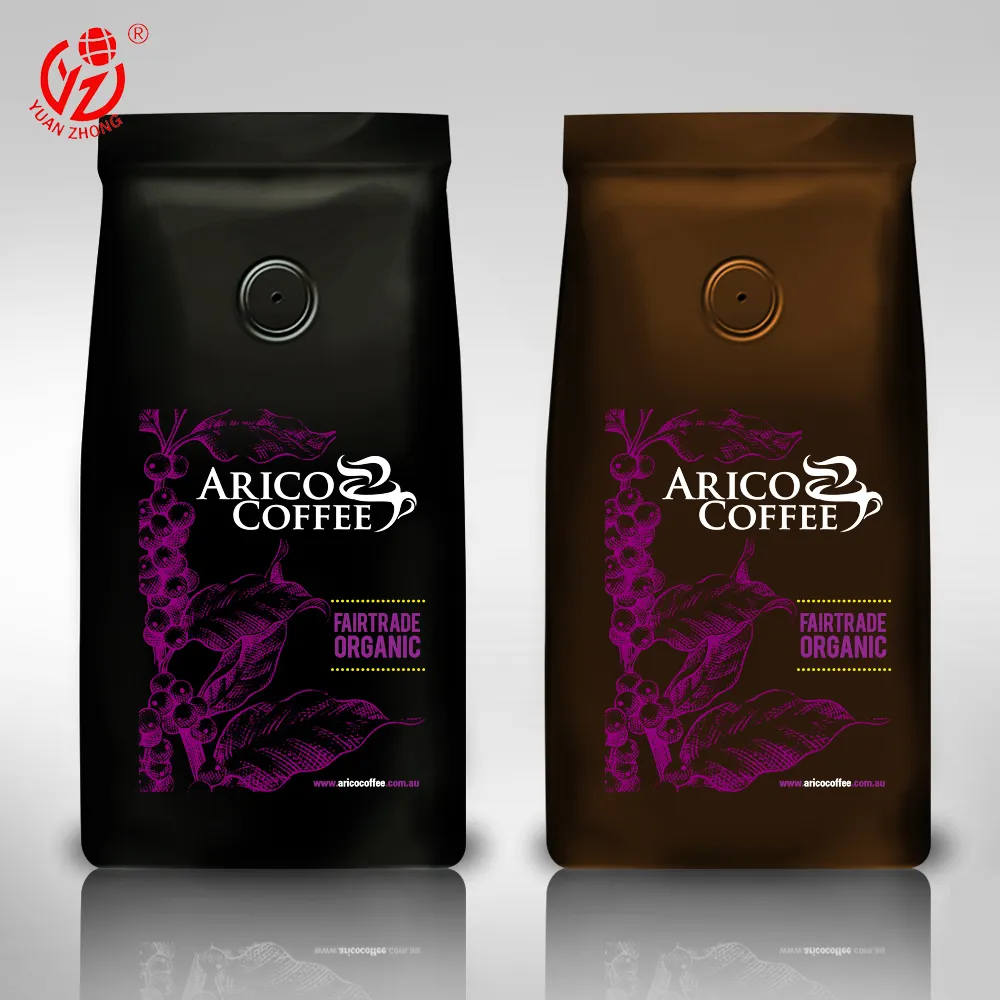 Étiquette privée personnalisée 100g, 250g, 500g, 1kg, papier d'aluminium noir refermable, sac d'emballage de grains de café à fond plat avec Valve