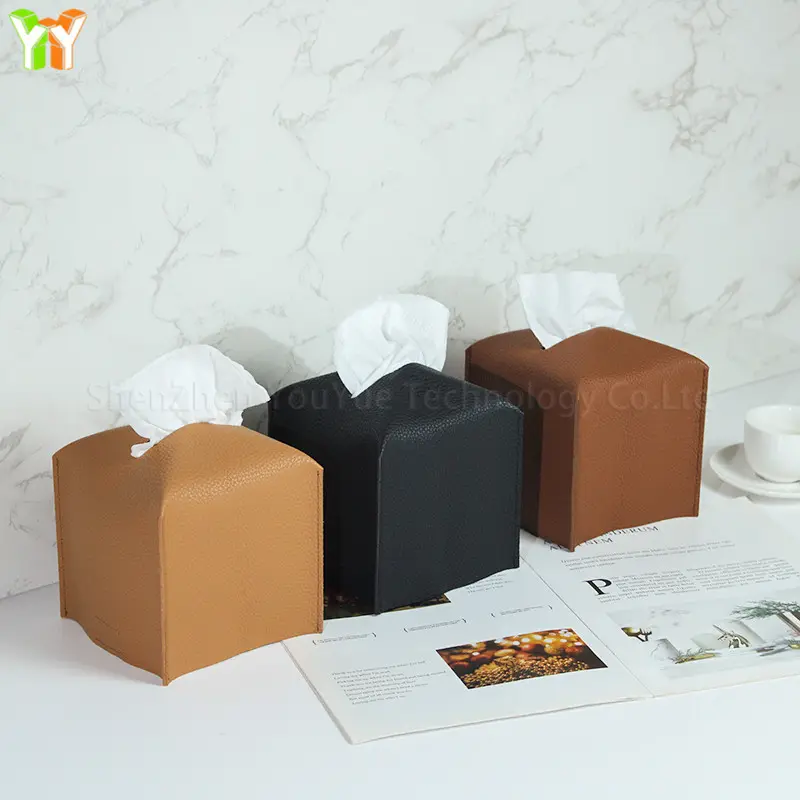 RTS Square Type Tissue Box Tabletop PU Leather Car Paper Tissue Box Holder with Magic Sticky for Home Living Room