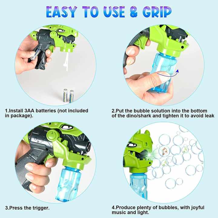 Gran oferta de verano para niños Dino Bubbles Shooter Dinosaur Bubble Gun con luz LED intermitente y sonido