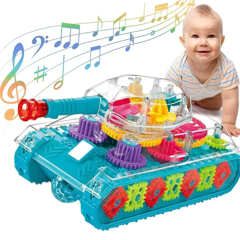 Zhorya 2023 Tiktok Hot Transparent Gear Tank Electric Universal Walking New Plastic Car Toys With Colorful Light Music