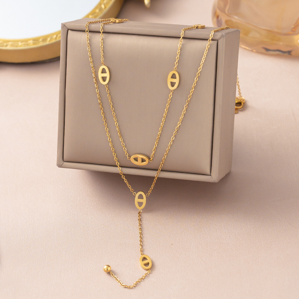 Yxp052 double tassel pig nose necklace gold
