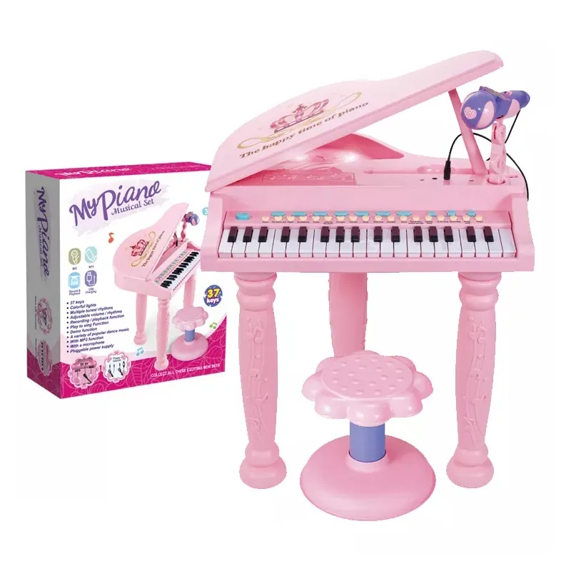 37 teclas de teclado musical, instrumentos musicais, piano, funciona a bateria, brinquedo com microfone, rosa, azul