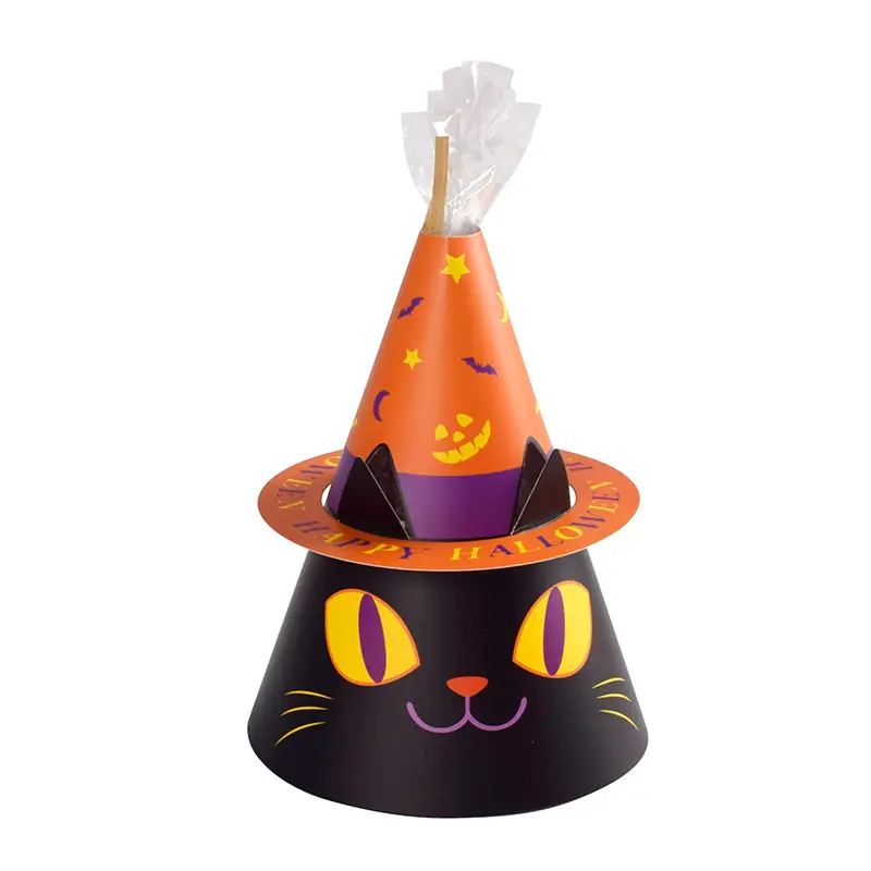 Nuevo y divertido gorro de dibujos animados de Halloween, juego de galletas de caramelo de gato en caja colorida, embalaje en Stock, paquete de 10 Uds.