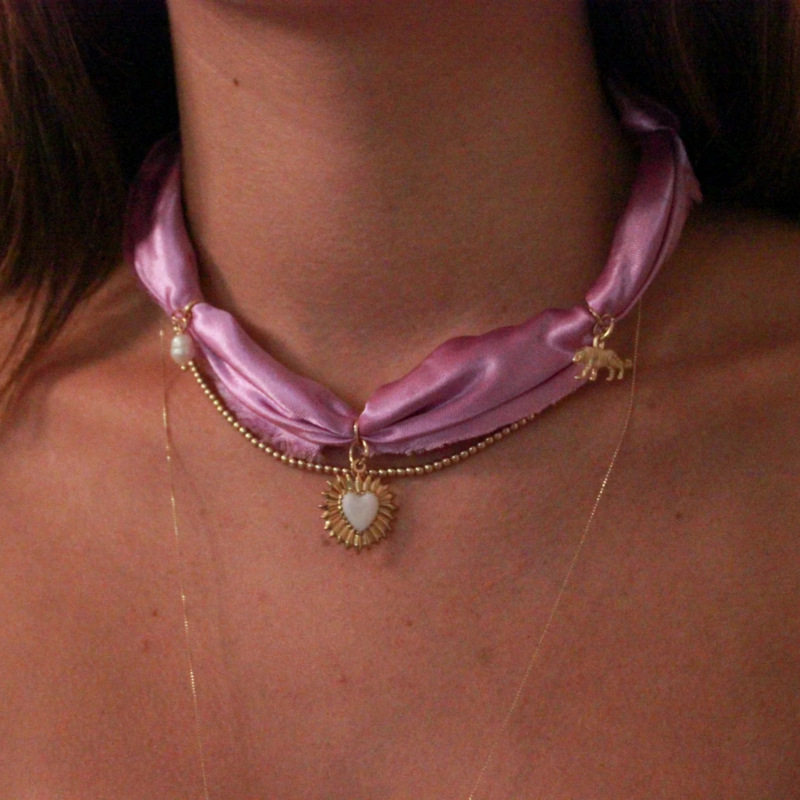 Pink silk scarf love necklace
