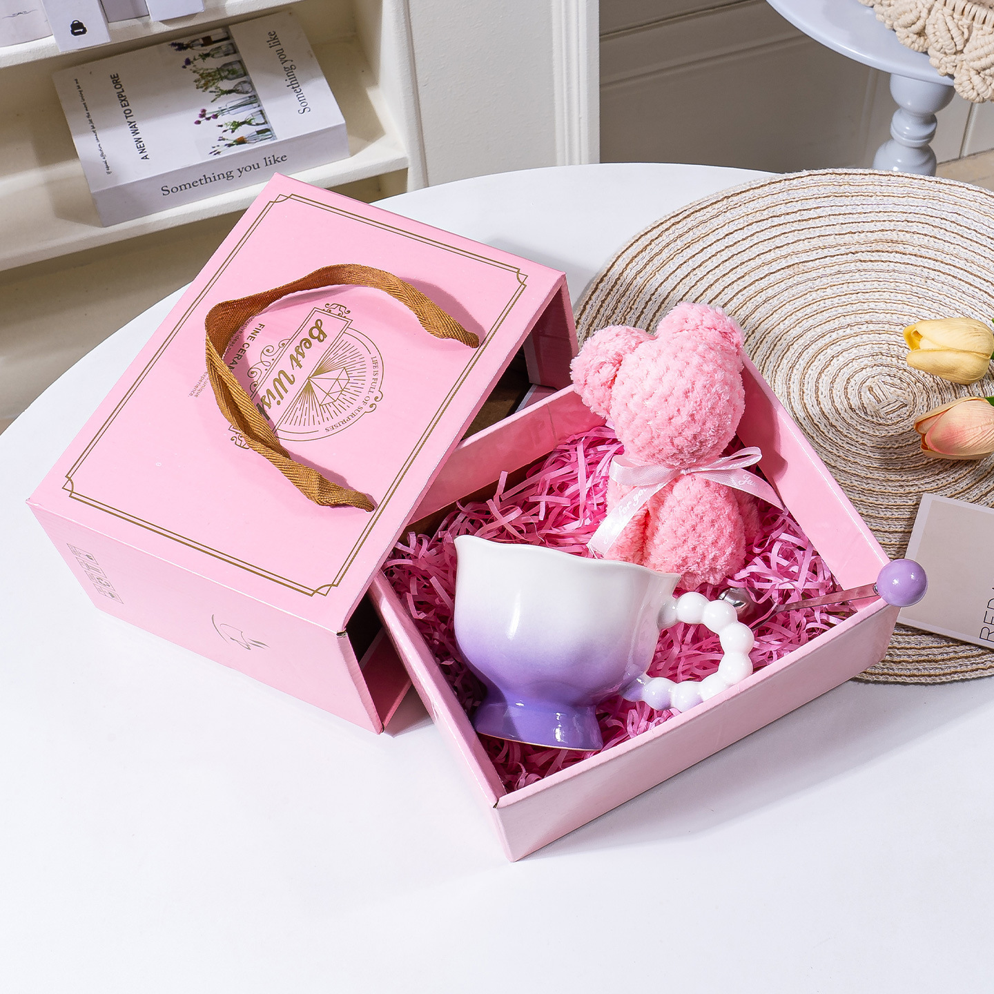 Manico perlato sfumato viola-asciugamano orsetto-confezione regalo rosa-spo