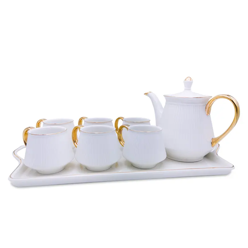 Großhandel neuartige Luxus-Kaffee-und Tee tasse mit goldenem Griff Keramik Teekanne mit Tablett gesetzt