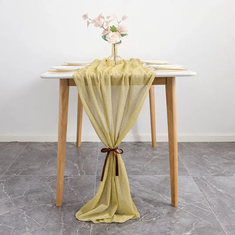 Bandiera da tavolo semplice decorazione per la tavola di nozze tinta unita in poliestere filo d'oro bandiera da tavolo in Chiffon