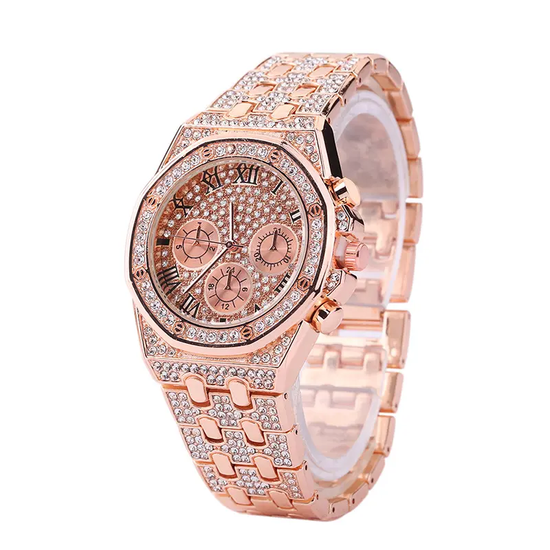 Часы наручные мужские кварцевые со стальным браслетом, люксовые модные полностью алмазные, с золотым ремешком