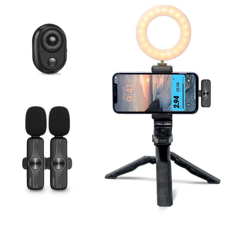 Vlog-Kit de soporte de escritorio con luz de relleno y micrófono Lavalier inalámbrico para teléfono/Audio