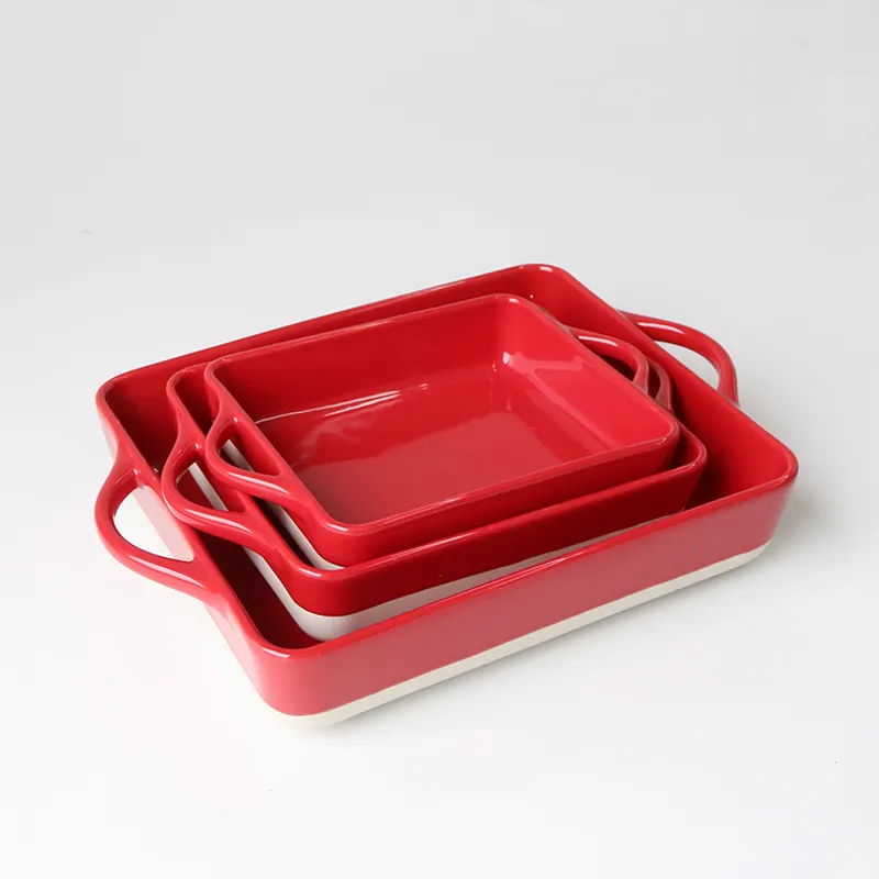 新入荷耐久性のある赤い長方形キッチンベーキングディッシュセラミック耐熱皿セットダブルハンドル付き