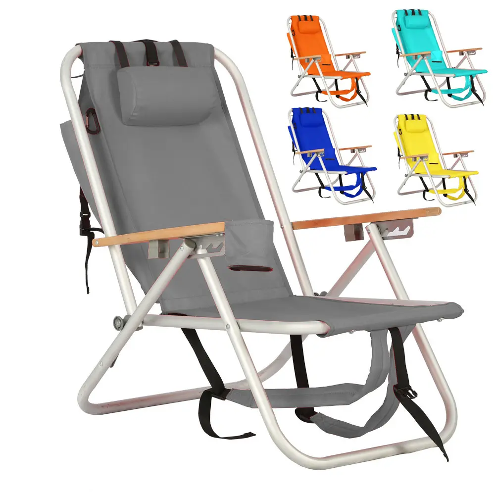 Silla de playa plegable de aluminio, silla de playa portátil personalizada, ajustable y reclinable, venta al por mayor