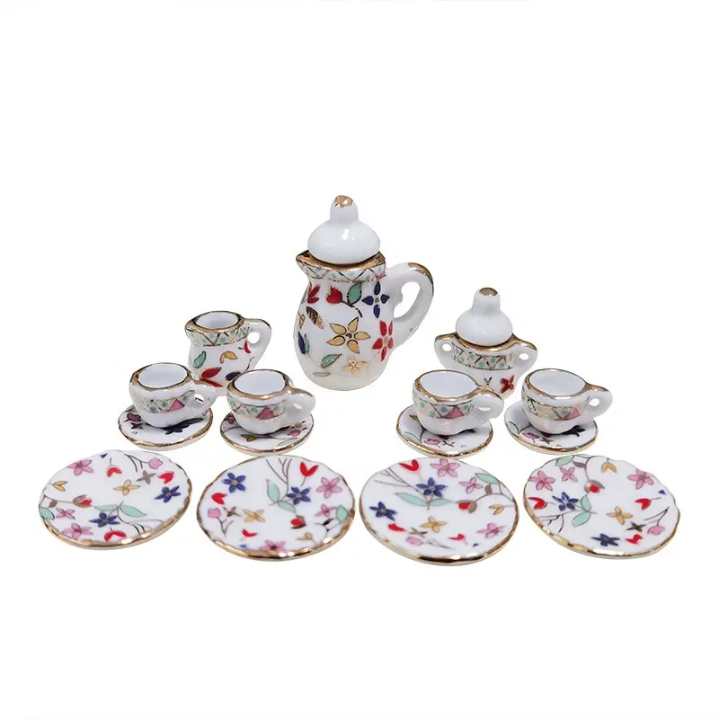 Commande du fabricant chinois 1:12 maison de poupée cuisine ensemble de jouets miniatures en céramique avec tasses et assiettes à thé