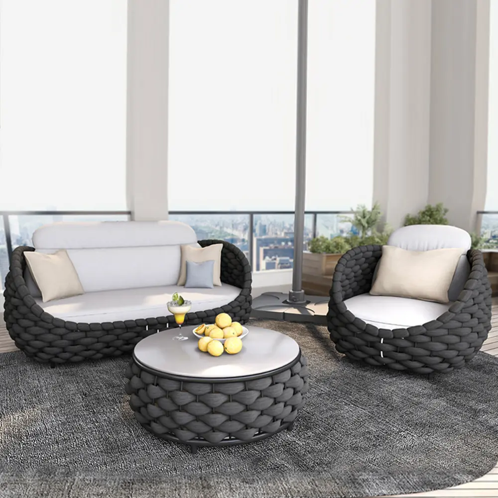 YISANYUAN mimbre blanco balcón sofá combinación cuerda tejida muebles de patio al aire libre conjunto de jardín