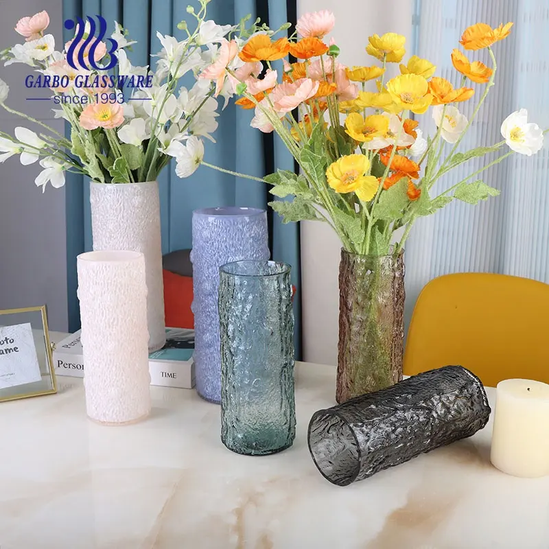 Vaso de flores de vidro colorido com desenho de casca gravado, personalizado e soprado à mão, para decoração de mesa de hotel e casa