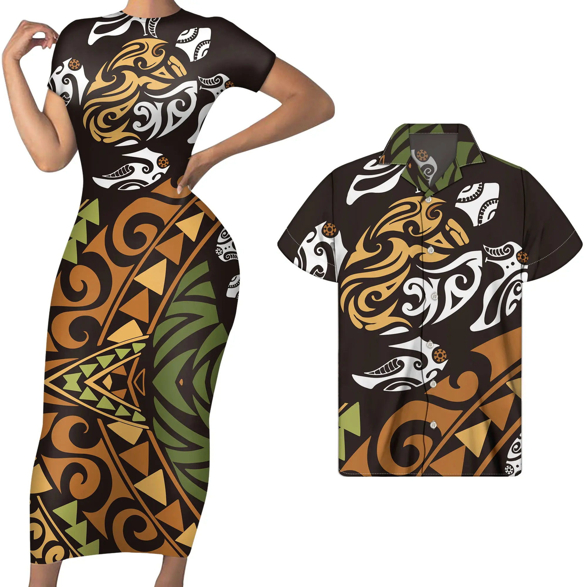 Samoa Turtle Pattern abiti da donna stampati tribali polinesiani abiti da coppia personalizzati abito aderente Sexy Casual con camicie da uomo