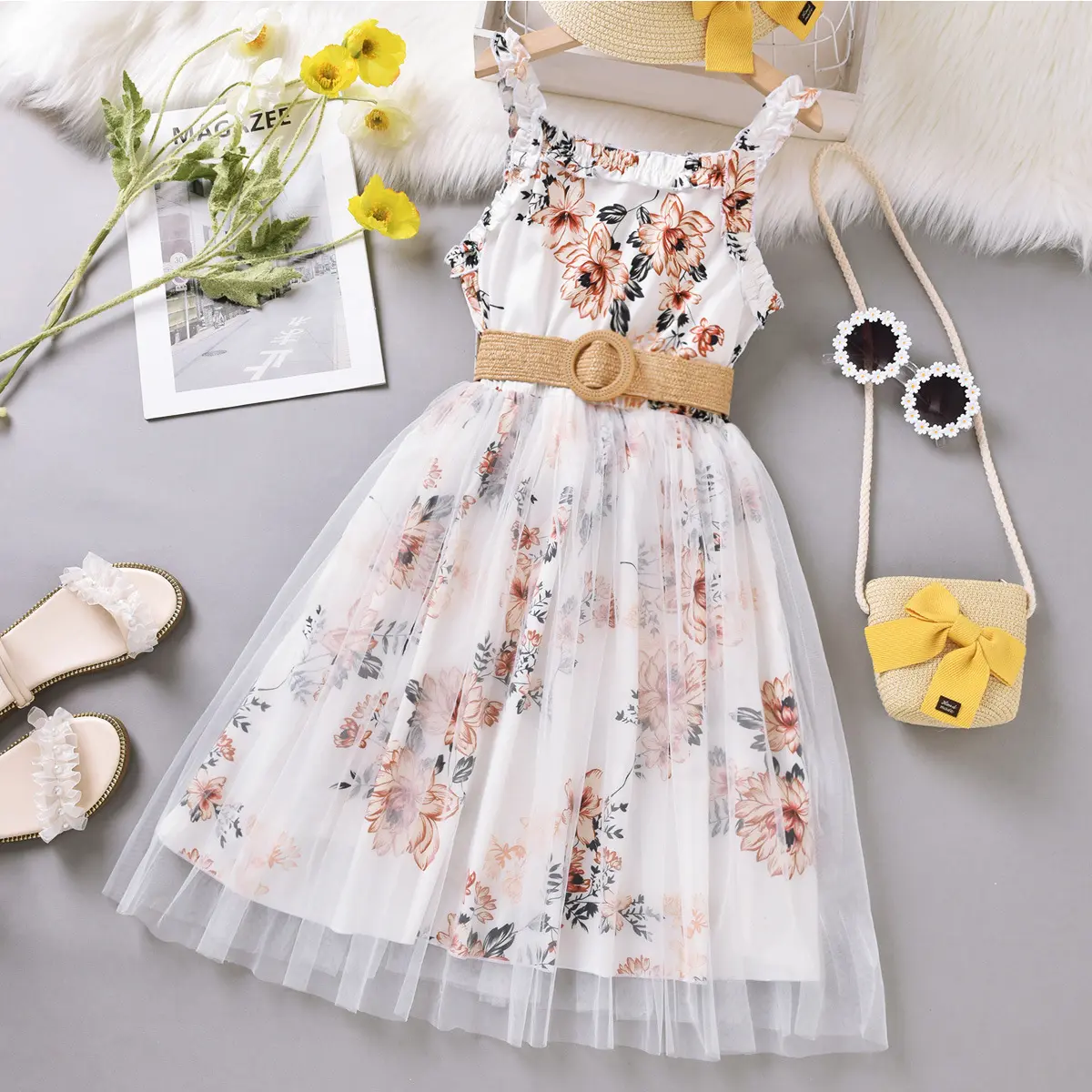 Summer Sweet Girls Floral Casual Princess Dress girls Flower Tulle Dress con cintura Suit