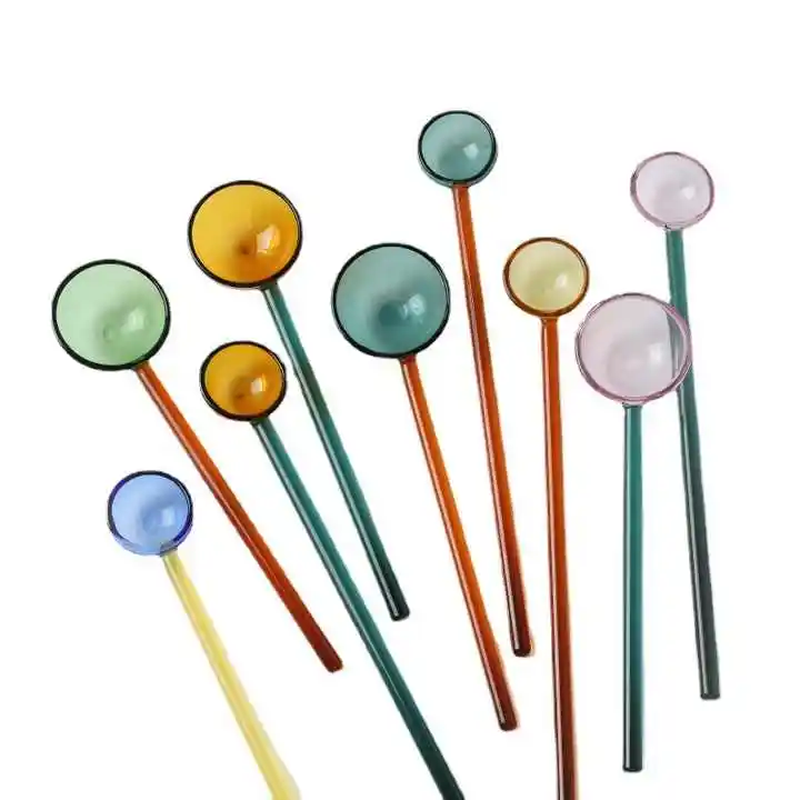 Colher De Vidro Resistente De Alta Temperatura Transparente Colorido Lovely Long Handle Coffee Stir Round Spoon