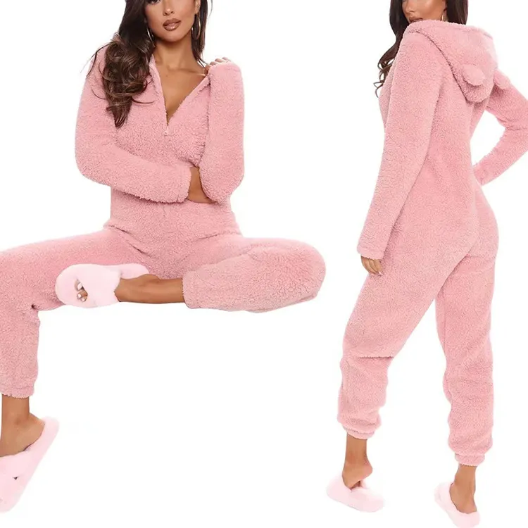 Comprimento total rosa Warm Onesie Lounge Wear 100% poliéster flanela das mulheres Sleepwear