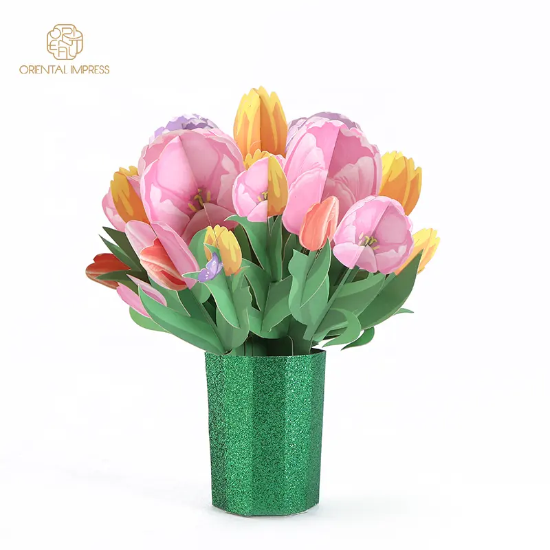 Fancy Pop Up Tulip Flower Design Holiday Card Handmade Decoration 3D Greeting Card with Envelope