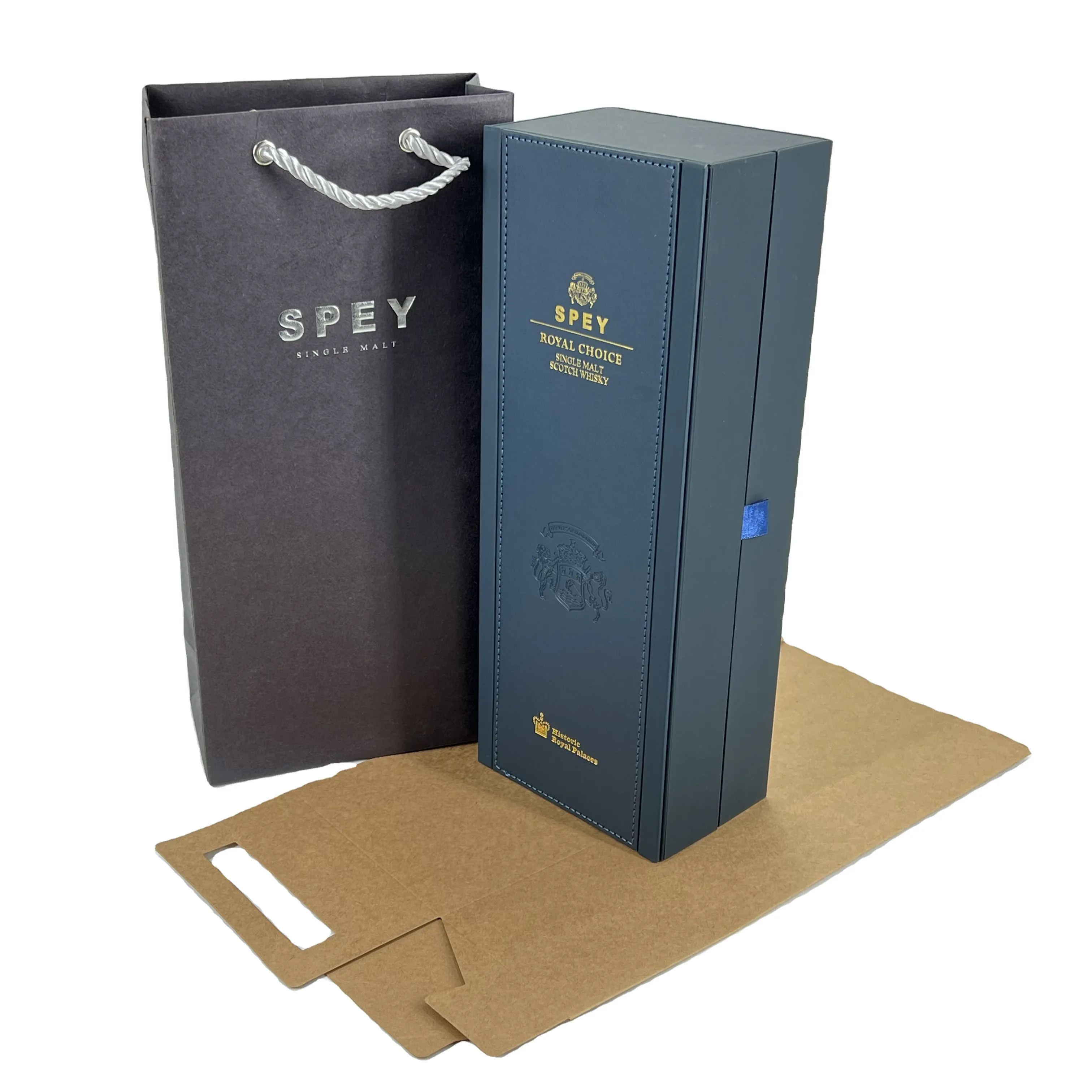 Embalagem de couro de uísque azul marinho oem, caixa de presente para vinho rígido, embalagem para caixa de madeira com bolsa de papel e manga de adesivo