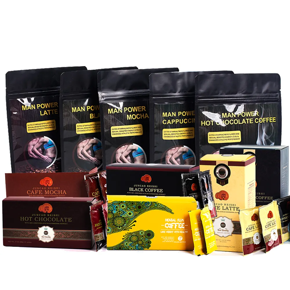 アラビカコーヒー豆とマンパワーコーヒーインスタントドリンクを使用した薬用キノココーヒー