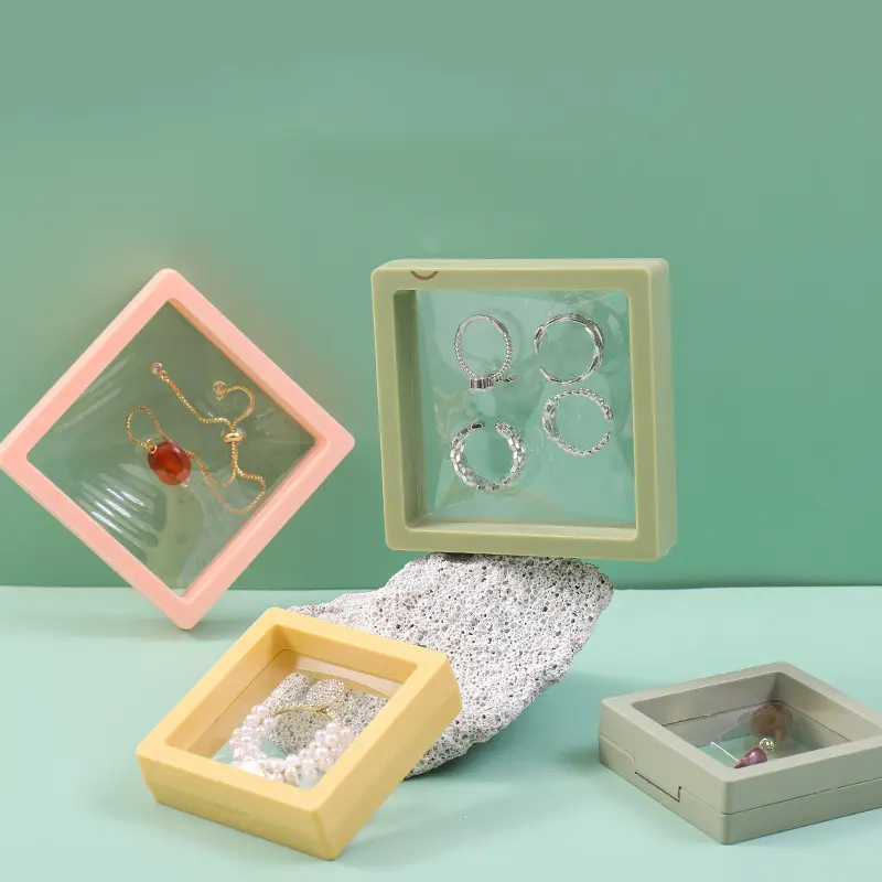 Caja de exhibición de marco flotante de 7*7cm, organizador de adornos de joyería, joyero pequeño PE, pendiente apilable, pulsera, embalaje de almacenamiento