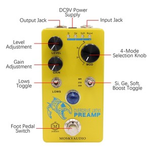 Moskyaudio แป้นเหยียบเอฟเฟกต์กีตาร์, เอฟเฟคกีต้าร์โอเวอร์ไดร์ฟเปิด/ปรีแอมป์สวิตช์โหมด4โหมดการควบคุมระดับ/เพิ่มระดับ - Product Image 3