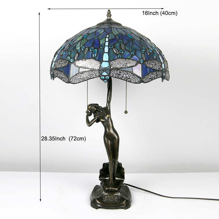 LongHuiJing Retro Dragonfly Stained Glass Table Lamp 16Inch 2Heads Pull-Chain Night Stand Light with Women Sculpture