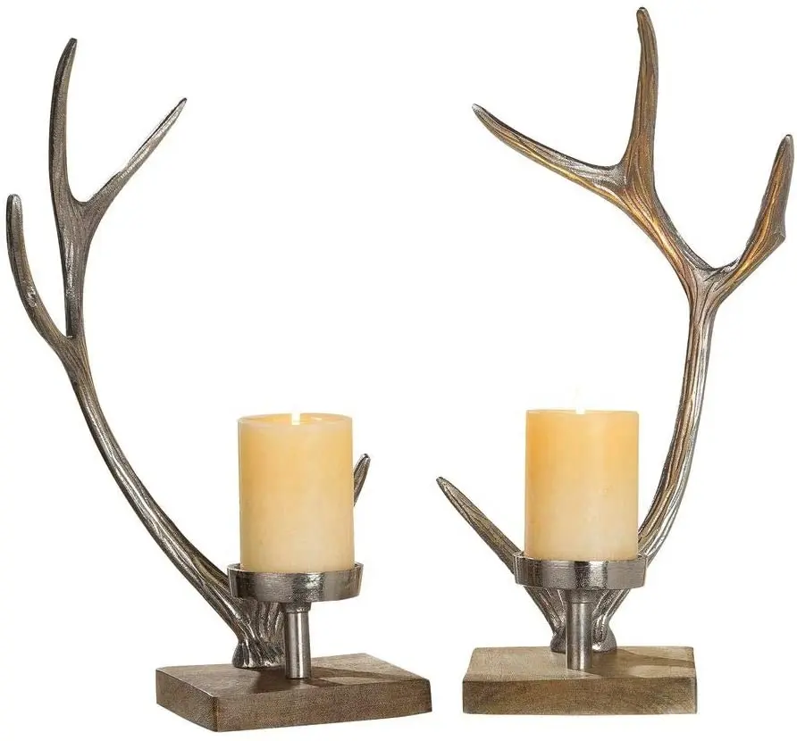 decorative reindeer horn wooden metal candle holder