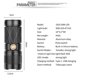 GOLDMORE1メーターパワフルホワイト6600mahズーム可能30w 6 Ledトーチハードライトハンティングフィッシングタクティカル懐中電灯用5モード - Product Image 3